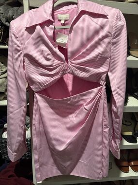 Brand NEW Torn by Ronny Kobo Pink Striped Cutout Shirt Dress